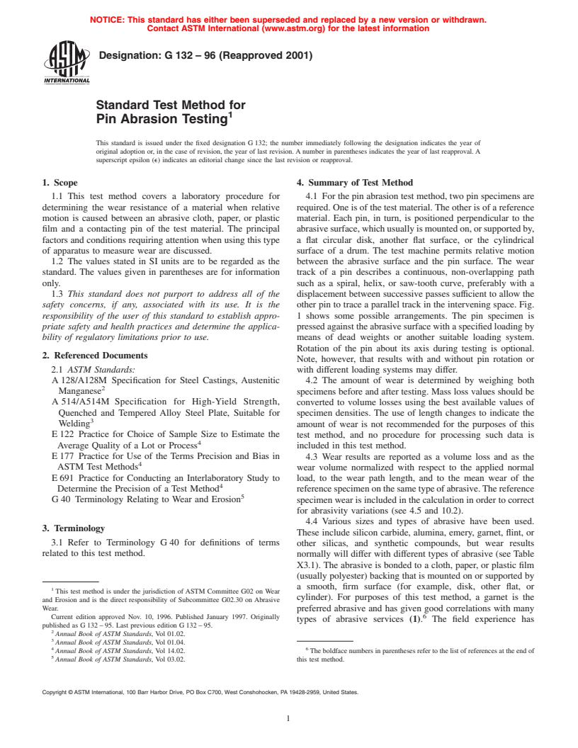 ASTM G132-96(2001) - Standard Test Method for Pin Abrasion Testing