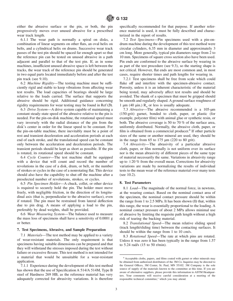 ASTM G132-96(2001) - Standard Test Method for Pin Abrasion Testing