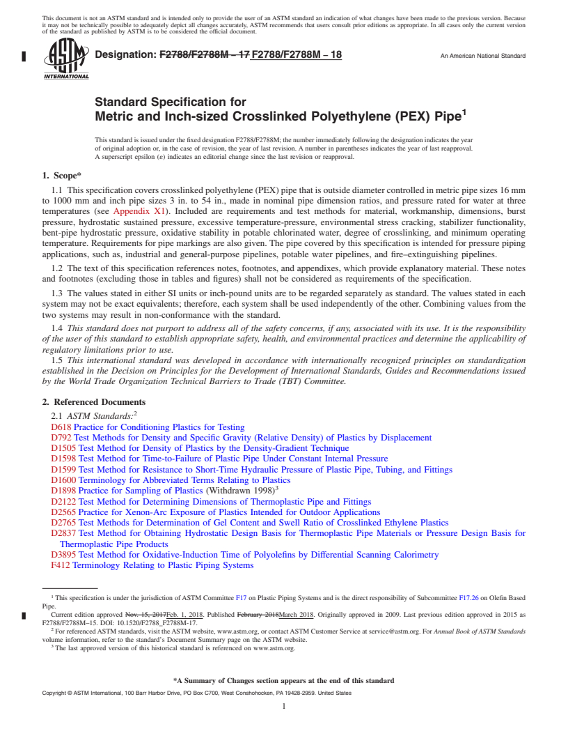 REDLINE ASTM F2788/F2788M-18 - Standard Specification for  Metric and Inch-sized Crosslinked Polyethylene (PEX) Pipe