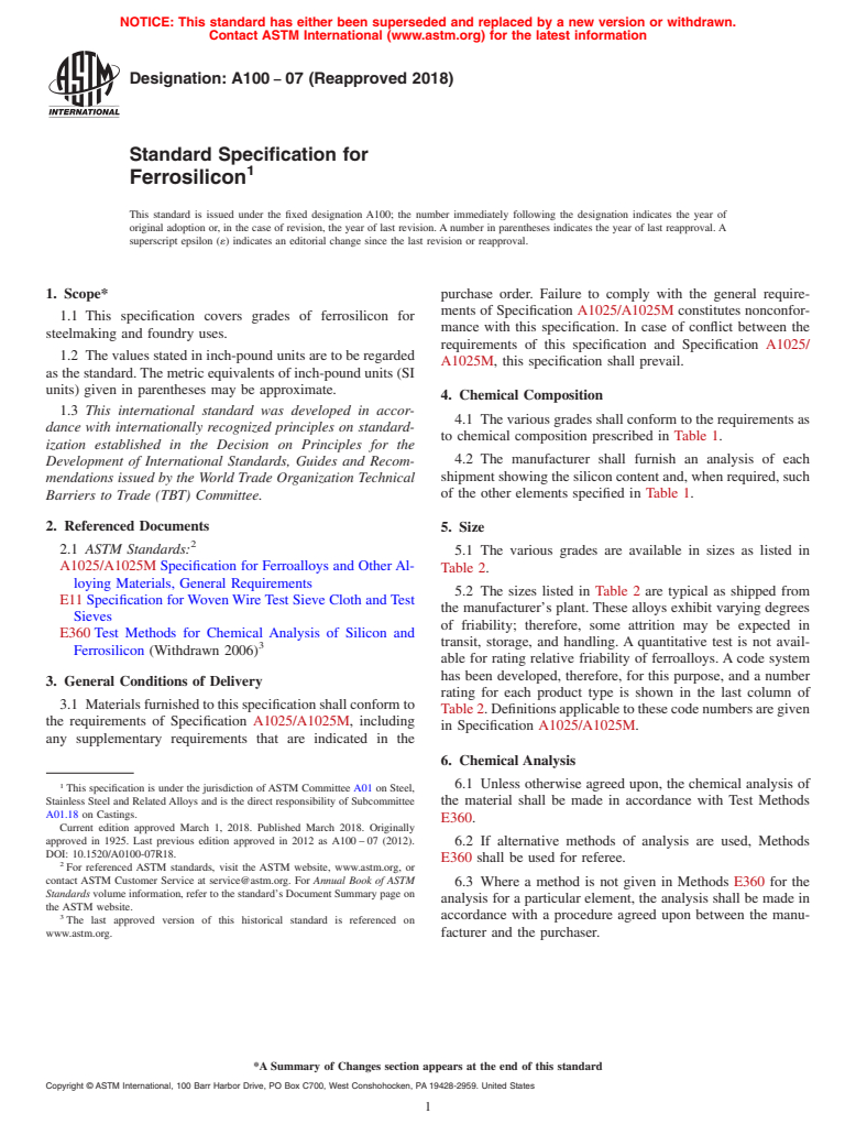 ASTM A100-07(2018) - Standard Specification for  Ferrosilicon