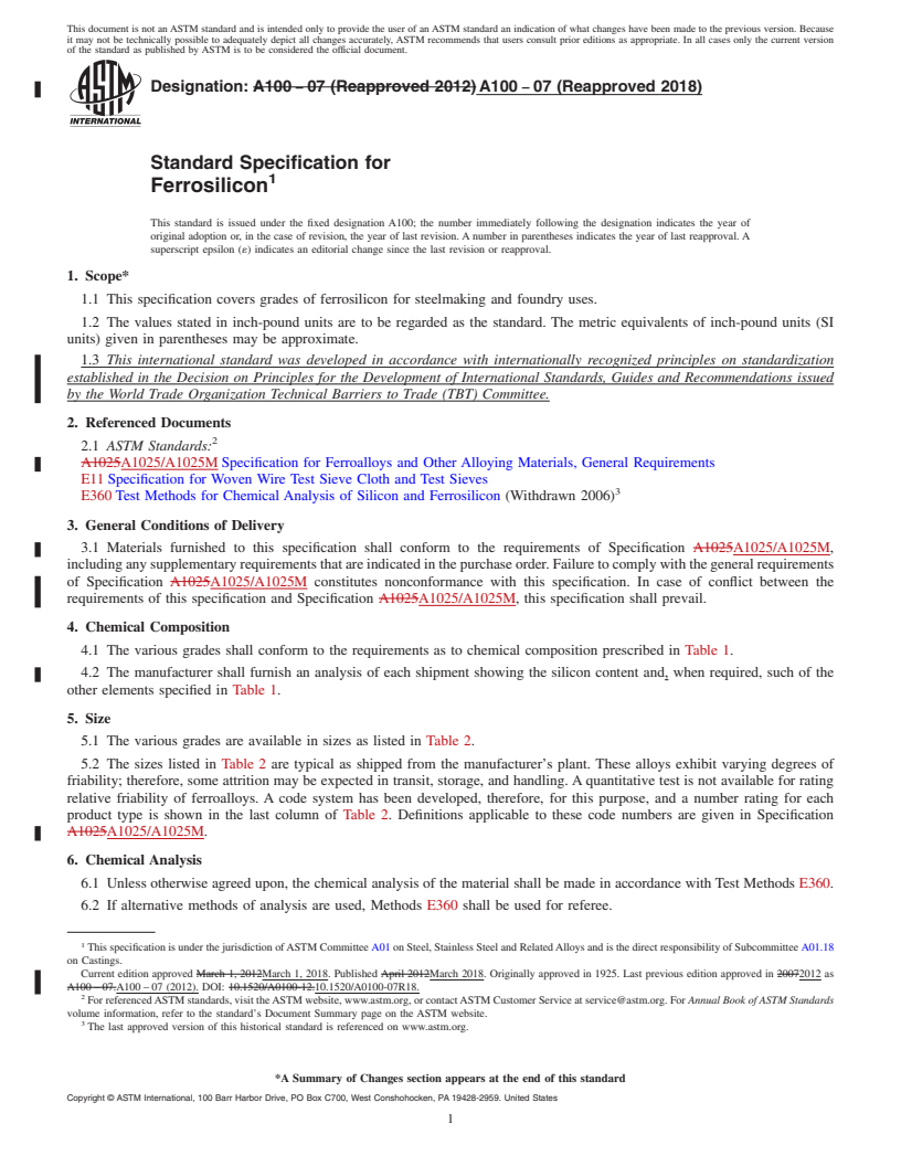 REDLINE ASTM A100-07(2018) - Standard Specification for  Ferrosilicon