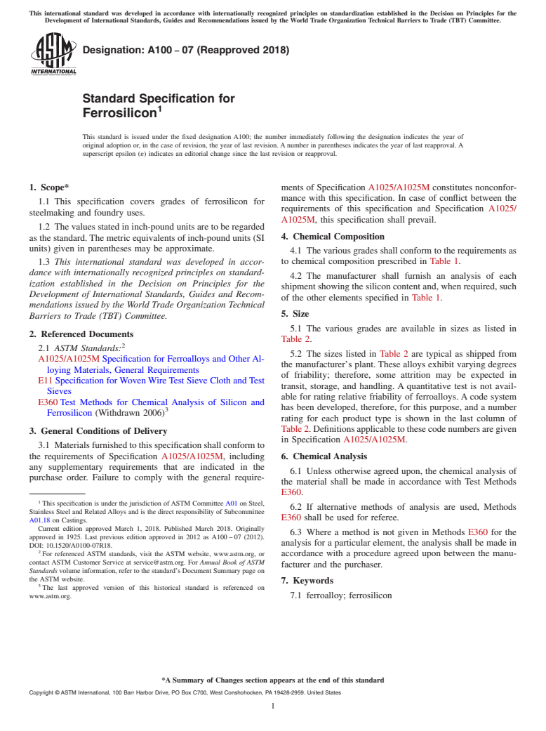 ASTM A100-07(2018) - Standard Specification for  Ferrosilicon