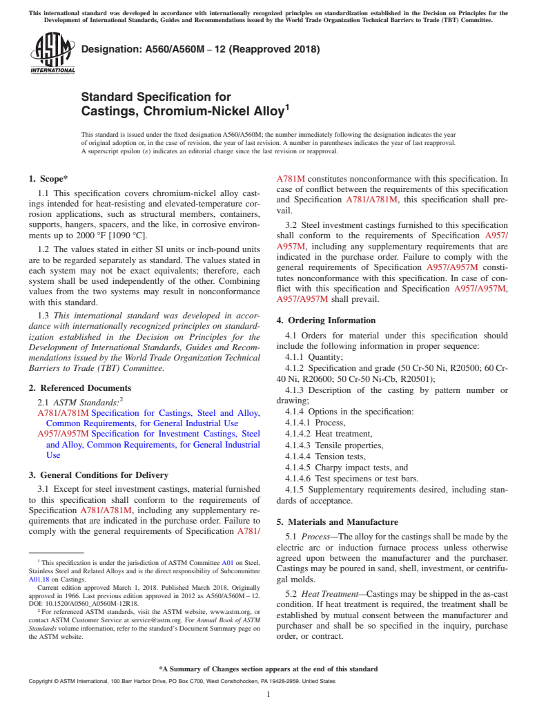 ASTM A560/A560M-12(2018) - Standard Specification for  Castings, Chromium-Nickel Alloy