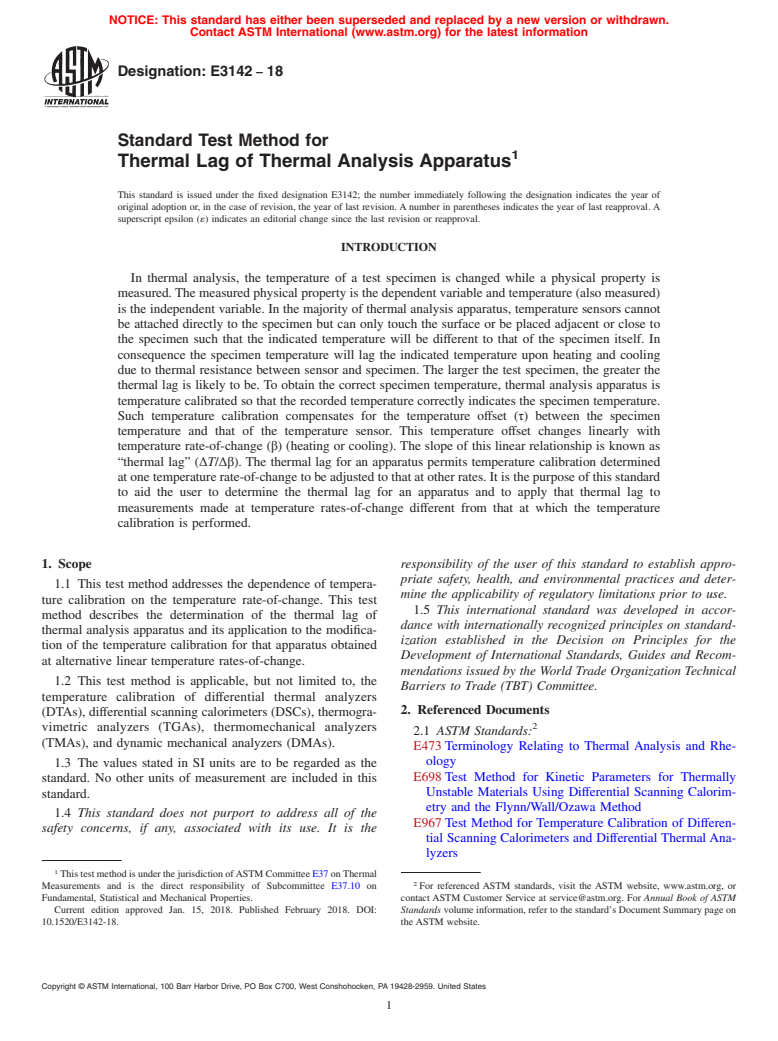 ASTM E3142-18 - Standard Test Method for Thermal Lag of Thermal Analysis Apparatus