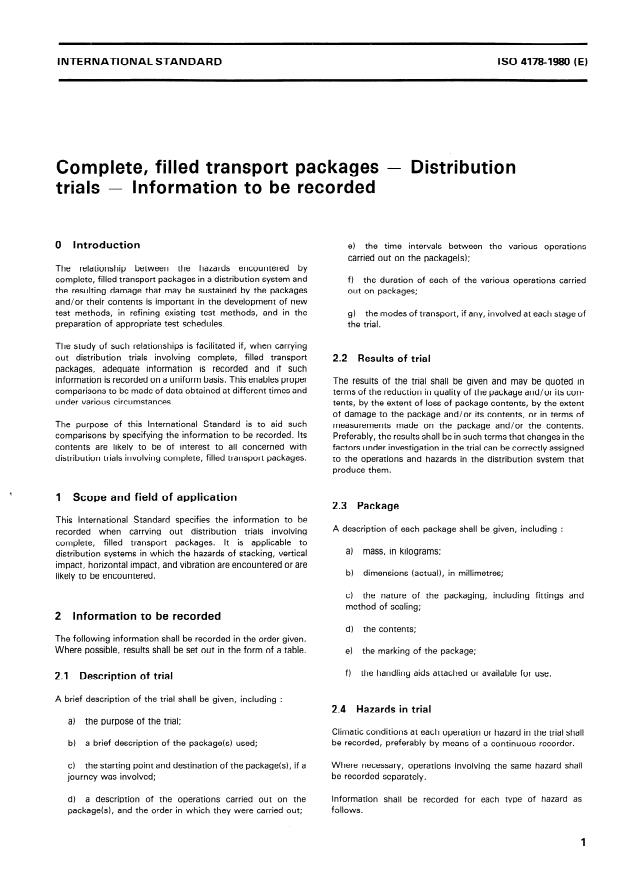 ISO 4178:1980 - Complete, filled transport packages -- Distribution trials -- Information to be recorded