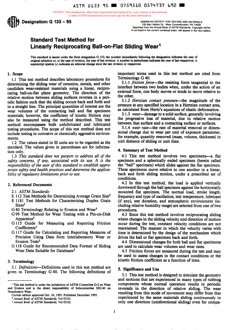 ASTM G133-95 - Standard Test Method for Linearly Reciprocating Ball-on-Flat Sliding Wear