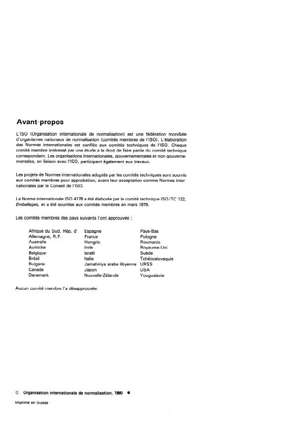 ISO 4178:1980 ISO 4178:1980 - Emballages d'expédition complets et pleins -- Essais relatifs au systeme de distribution -- Informations a noter - Page 2 preview