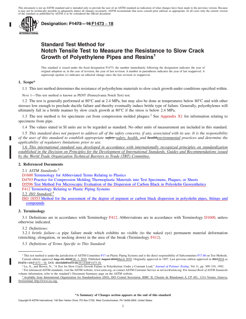 REDLINE ASTM F1473-18 - Standard Test Method for  Notch Tensile Test to Measure the Resistance to Slow Crack   Growth of Polyethylene Pipes and Resins