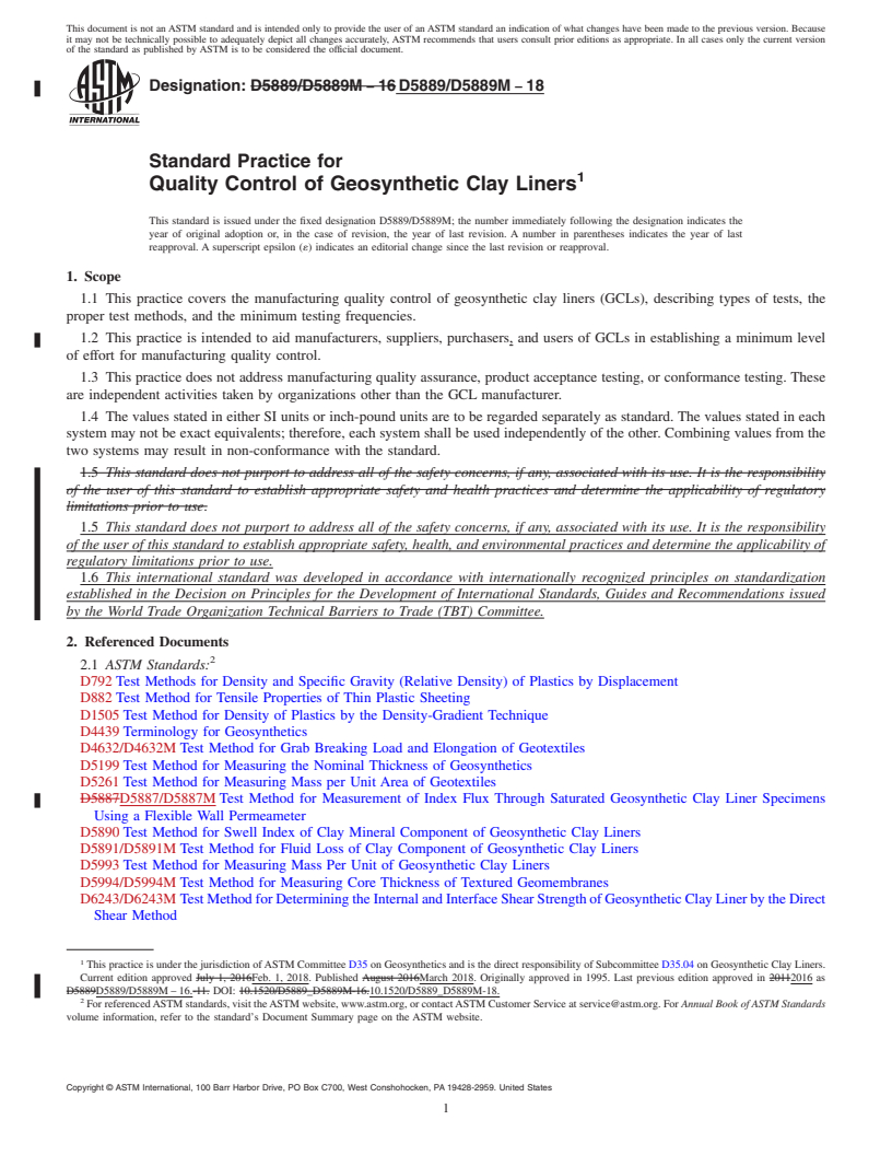 REDLINE ASTM D5889/D5889M-18 - Standard Practice for Quality Control of Geosynthetic Clay Liners