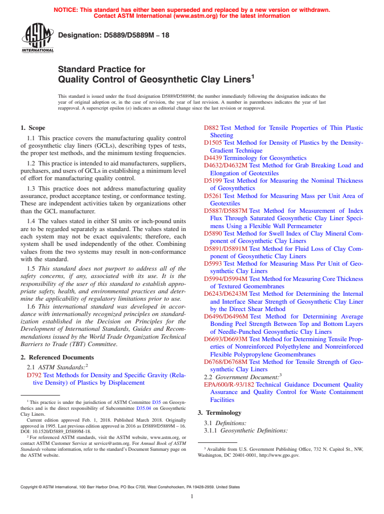 ASTM D5889/D5889M-18 - Standard Practice for Quality Control of Geosynthetic Clay Liners