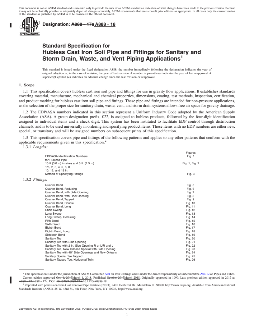 REDLINE ASTM A888-18 - Standard Specification for Hubless Cast Iron Soil Pipe and Fittings for Sanitary and Storm   Drain, Waste, and Vent Piping Applications