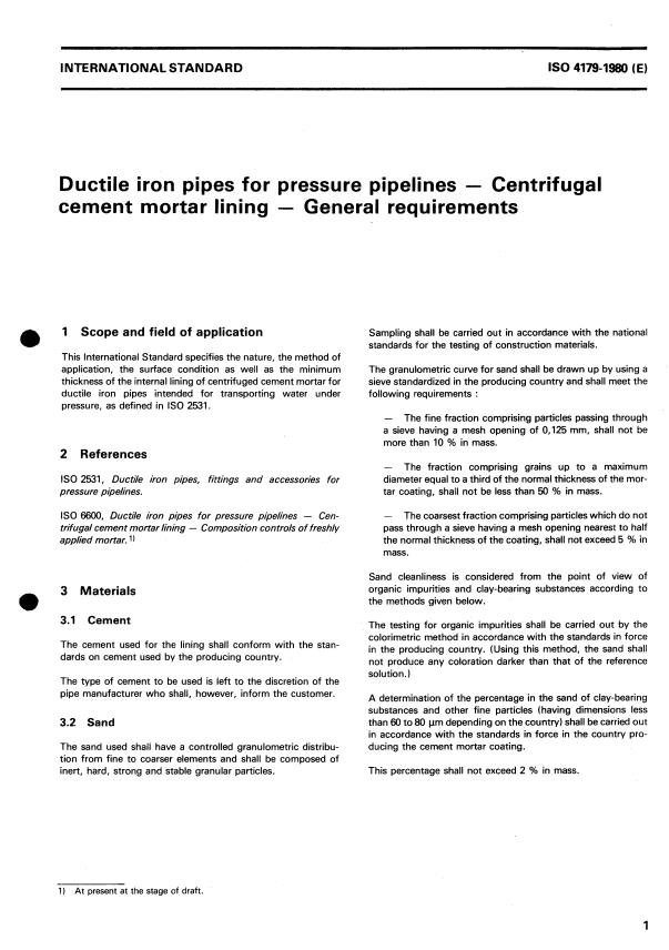 ISO 4179:1980 - Ductile iron pipes for pressure pipelines -- Centrifugal cement mortar lining -- General requirements