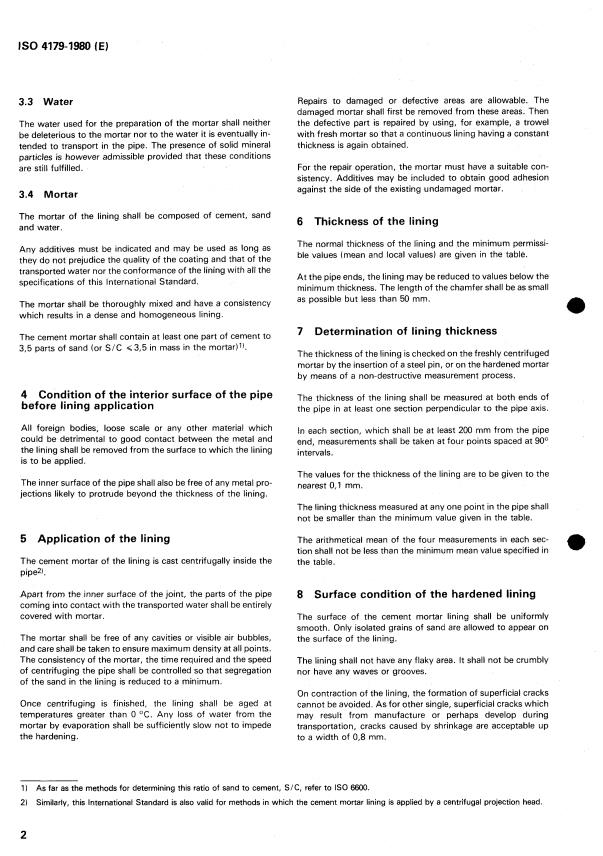 ISO 4179:1980 ISO 4179:1980 - Ductile iron pipes for pressure pipelines -- Centrifugal cement mortar lining -- General requirements - Page 4 preview