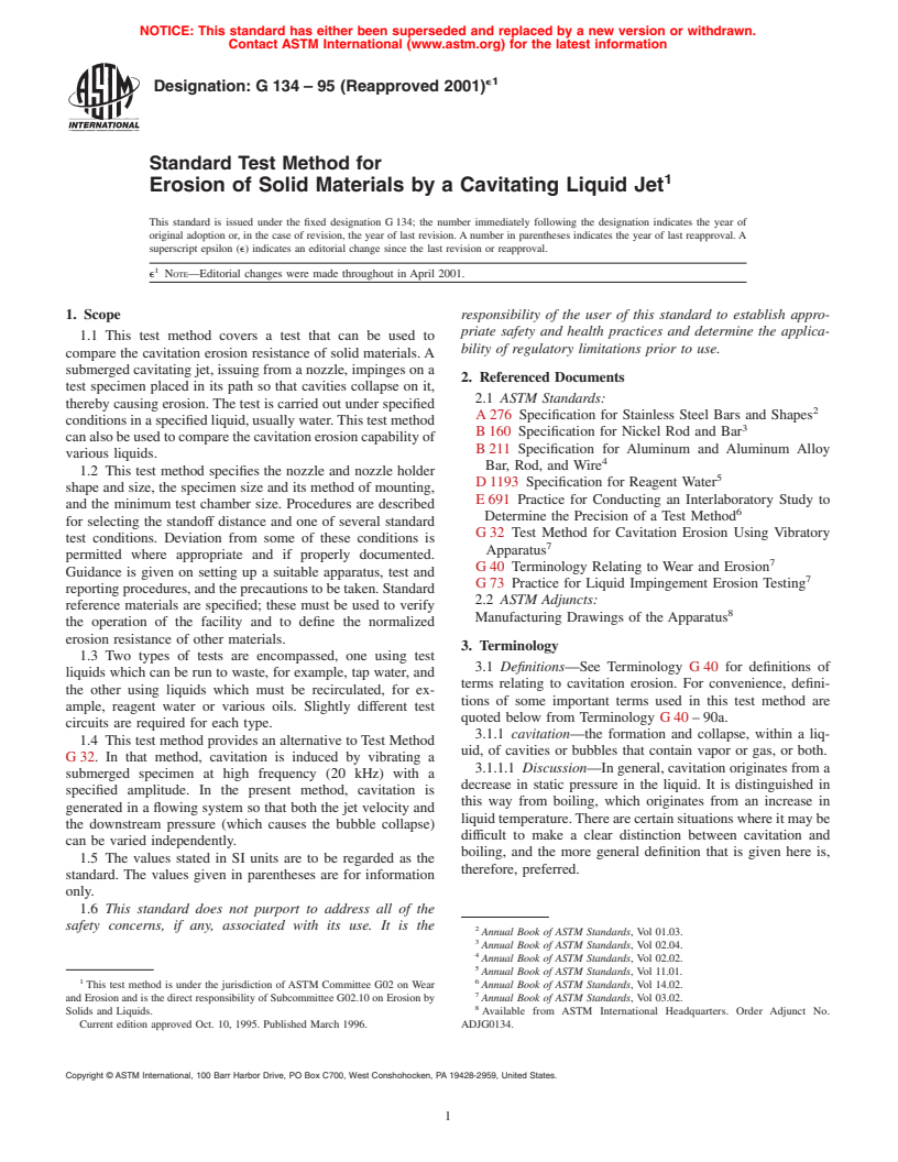 ASTM G134-95(2001)e1 - Standard Test Method for Erosion of Solid Materials by a Cavitating Liquid Jet