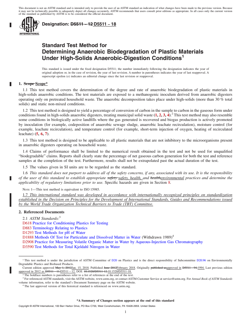 REDLINE ASTM D5511-18 - Standard Test Method for  Determining Anaerobic Biodegradation of Plastic Materials Under  High-Solids Anaerobic-Digestion Conditions