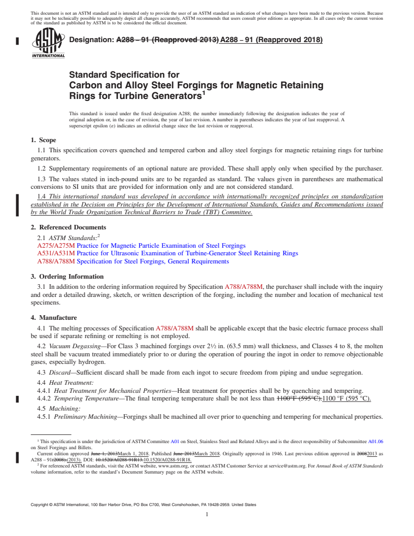 REDLINE ASTM A288-91(2018) - Standard Specification for Carbon and Alloy Steel Forgings for Magnetic Retaining Rings  for Turbine Generators