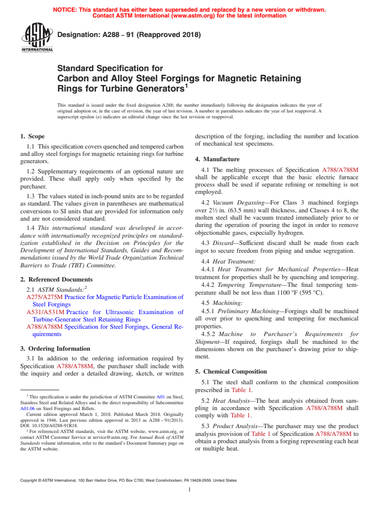 ASTM A288-91(2018) - Standard Specification for Carbon and Alloy Steel Forgings for Magnetic Retaining Rings  for Turbine Generators