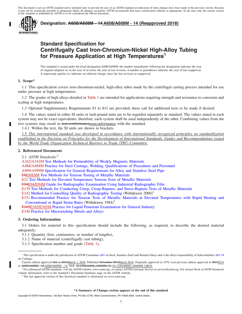 REDLINE ASTM A608/A608M-14(2018) - Standard Specification for  Centrifugally Cast Iron-Chromium-Nickel High-Alloy Tubing for   Pressure Application at High Temperatures