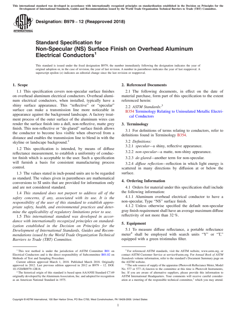 ASTM B979-12(2018) - Standard Specification for Non-Specular (NS) Surface Finish on Overhead Aluminum Electrical  Conductors