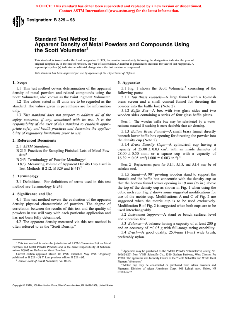 ASTM B329-98 - Standard Test Method for Apparent Density of Metal Powders and Compounds Using the Scott Volumeter