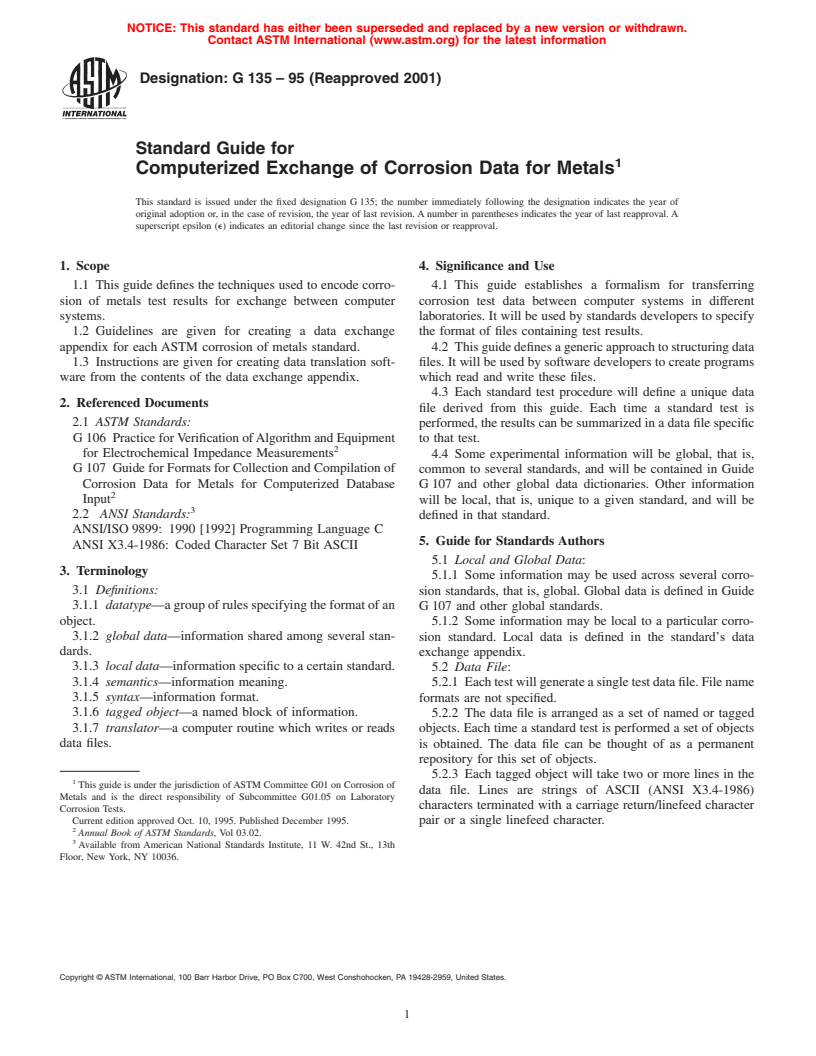 ASTM G135-95(2001) - Standard Guide for Computerized Exchange of Corrosion Data for Metals