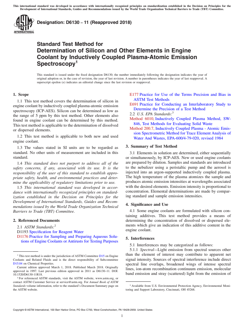 ASTM D6130-11(2018) - Standard Test Method for Determination of Silicon and Other Elements in Engine Coolant  by Inductively Coupled Plasma-Atomic Emission Spectroscopy