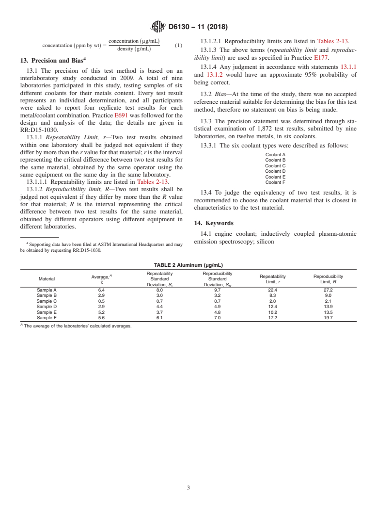 ASTM D6130-11(2018) - Standard Test Method for Determination of Silicon and Other Elements in Engine Coolant  by Inductively Coupled Plasma-Atomic Emission Spectroscopy