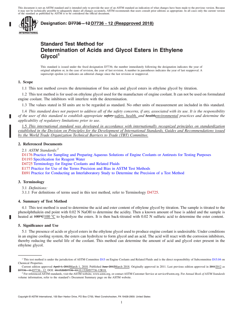 REDLINE ASTM D7736-12(2018) - Standard Test Method for Determination of Acids and Glycol Esters in Ethylene Glycol