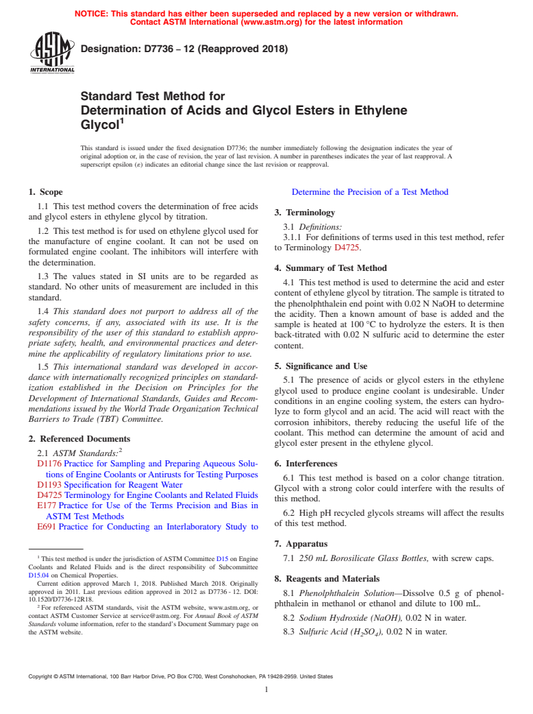 ASTM D7736-12(2018) - Standard Test Method for Determination of Acids and Glycol Esters in Ethylene Glycol