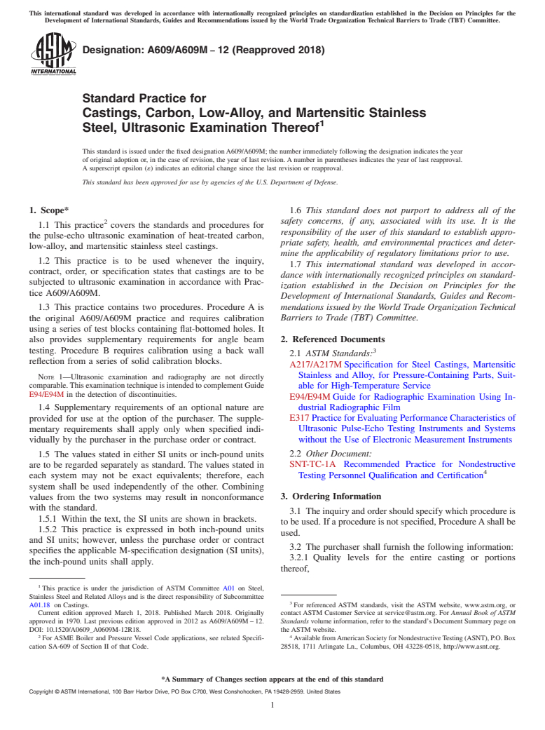 ASTM A609/A609M-12(2018) - Standard Practice for  Castings, Carbon, Low-Alloy, and Martensitic Stainless Steel,  Ultrasonic Examination Thereof