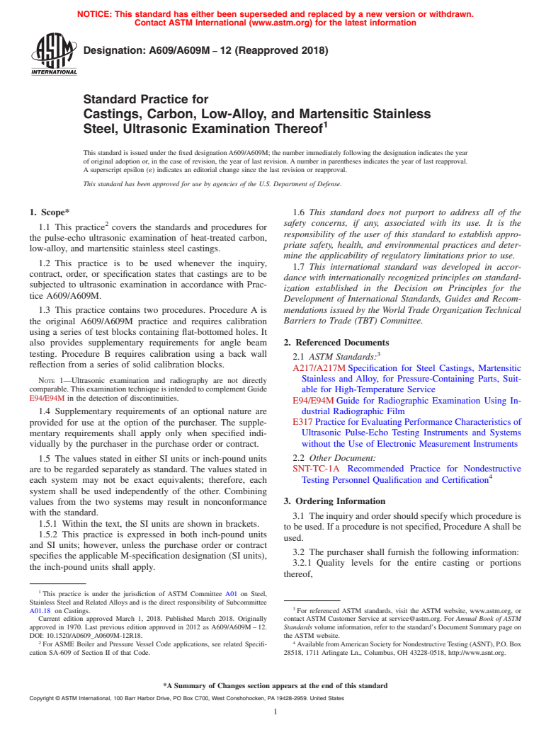 ASTM A609/A609M-12(2018) - Standard Practice for  Castings, Carbon, Low-Alloy, and Martensitic Stainless Steel,  Ultrasonic Examination Thereof