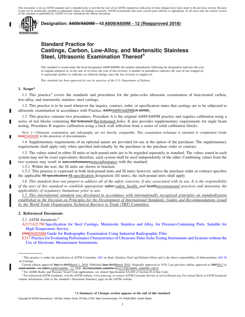 REDLINE ASTM A609/A609M-12(2018) - Standard Practice for  Castings, Carbon, Low-Alloy, and Martensitic Stainless Steel,  Ultrasonic Examination Thereof