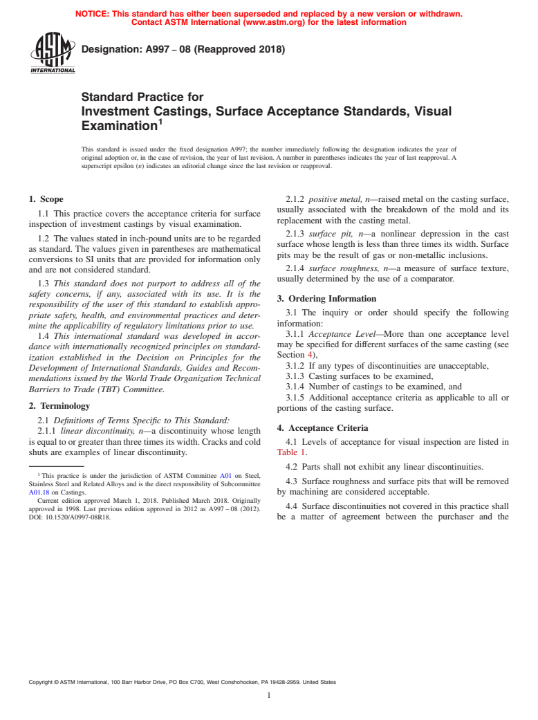 ASTM A997-08(2018) - Standard Practice for  Investment Castings, Surface Acceptance Standards, Visual Examination