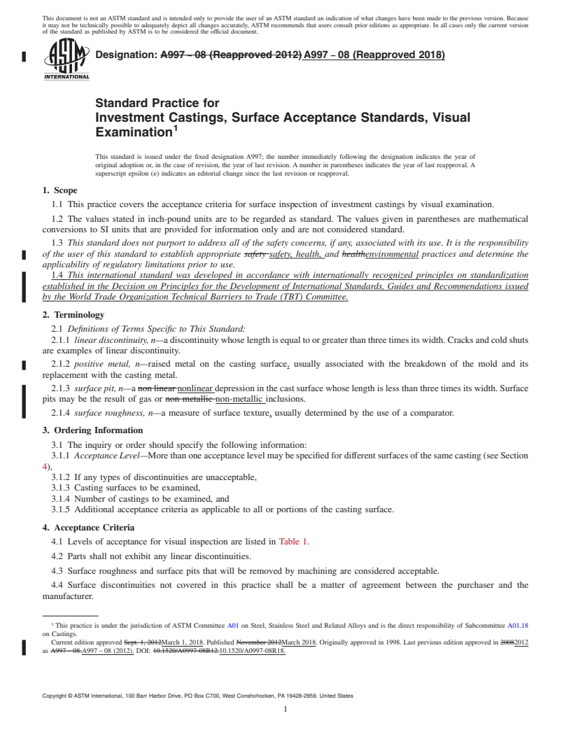 REDLINE ASTM A997-08(2018) - Standard Practice for  Investment Castings, Surface Acceptance Standards, Visual Examination