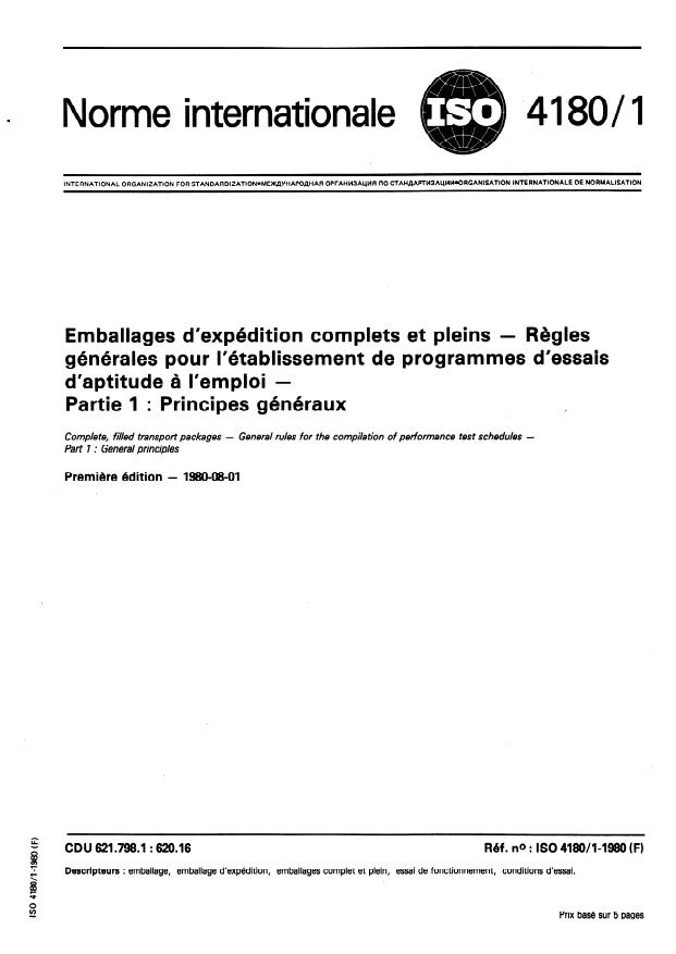 ISO 4180-1:1980 - Emballages d'expédition complets et pleins -- Regles générales pour l'établissement de programmes d'essais d'aptitude a l'emploi
