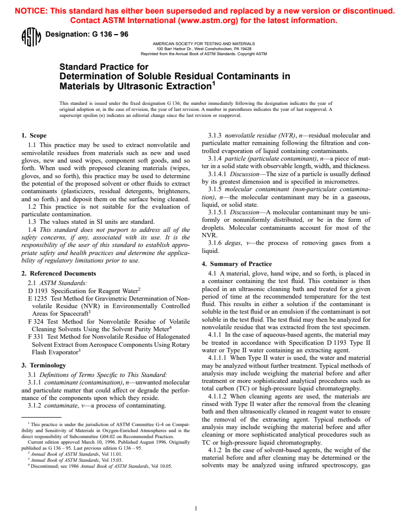 ASTM G136-96 - Standard Practice for Determination of Soluble Residual Contaminants in Materials by Ultrasonic Extraction