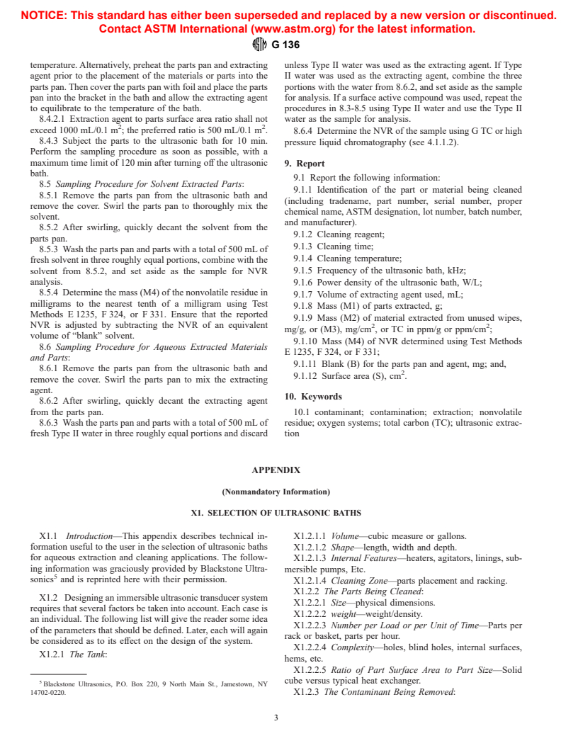 ASTM G136-96 - Standard Practice for Determination of Soluble Residual Contaminants in Materials by Ultrasonic Extraction