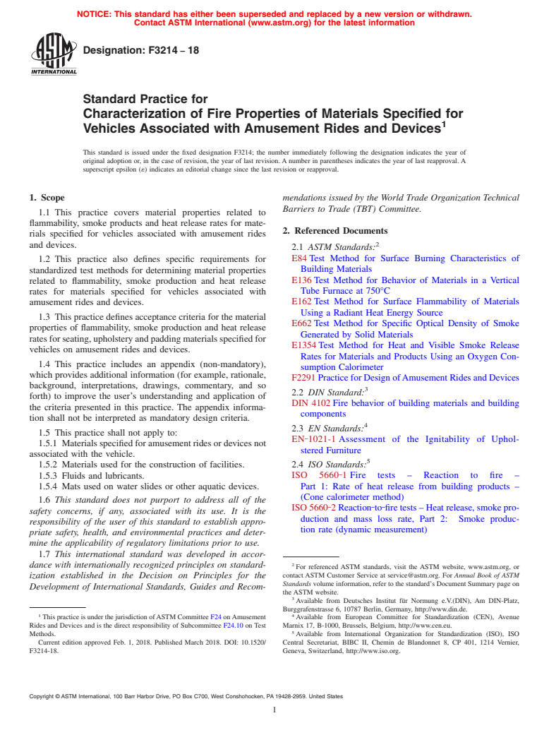 ASTM F3214-18 - Standard Practice for Characterization of Fire Properties of Materials Specified  for Vehicles Associated with Amusement Rides and Devices