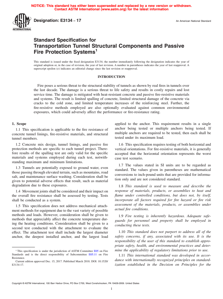 ASTM E3134-17 - Standard Specification for Transportation Tunnel Structural Components and Passive Fire Protection Systems