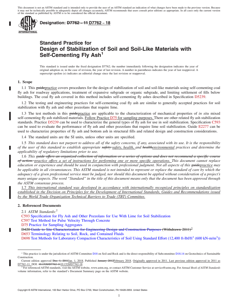 REDLINE ASTM D7762-18 - Standard Practice for Design of Stabilization of Soil and Soil-Like Materials with  Self-Cementing Fly Ash