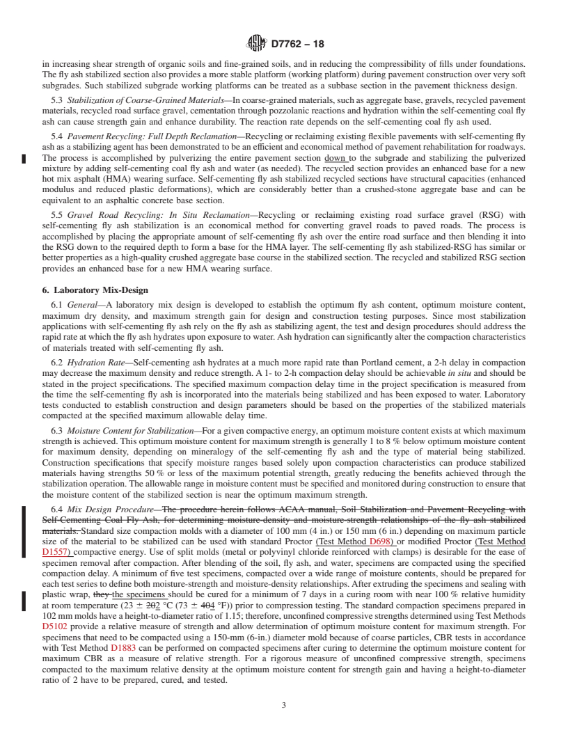 REDLINE ASTM D7762-18 - Standard Practice for Design of Stabilization of Soil and Soil-Like Materials with  Self-Cementing Fly Ash