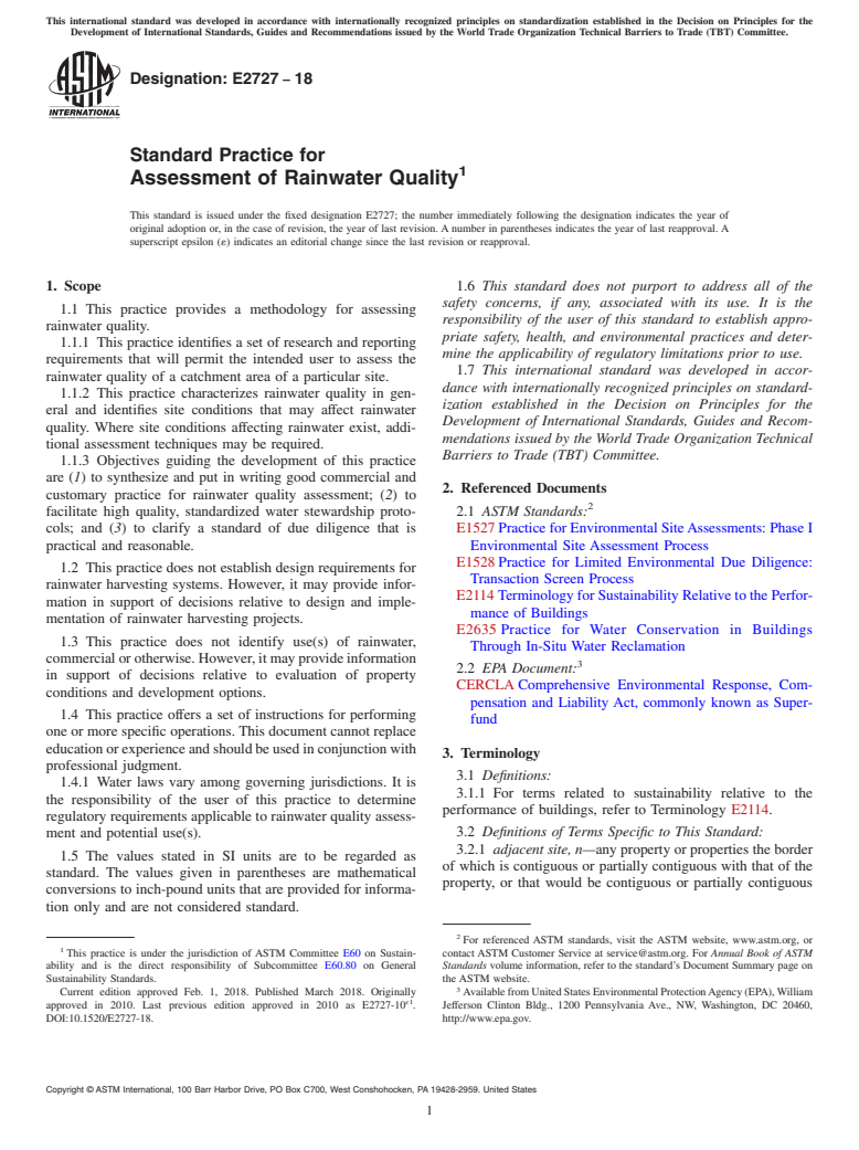 ASTM E2727-18 - Standard Practice for Assessment of Rainwater Quality