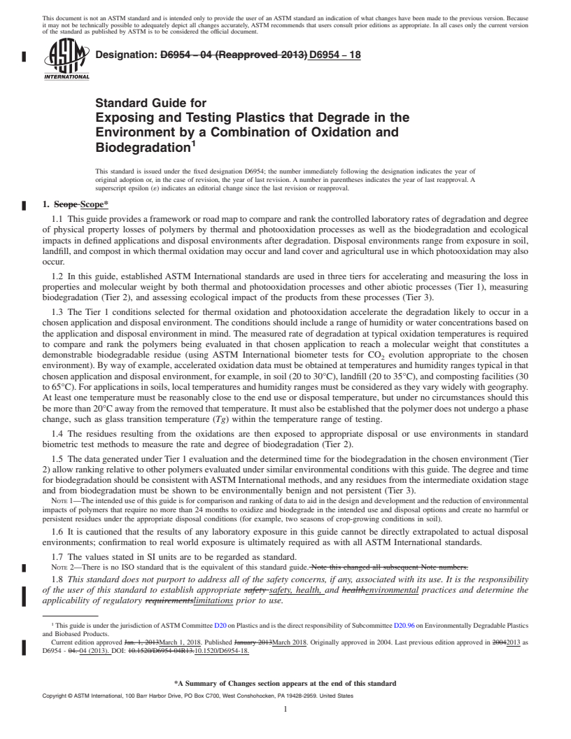 REDLINE ASTM D6954-18 - Standard Guide for Exposing and Testing Plastics that Degrade in the Environment  by a Combination of Oxidation and Biodegradation