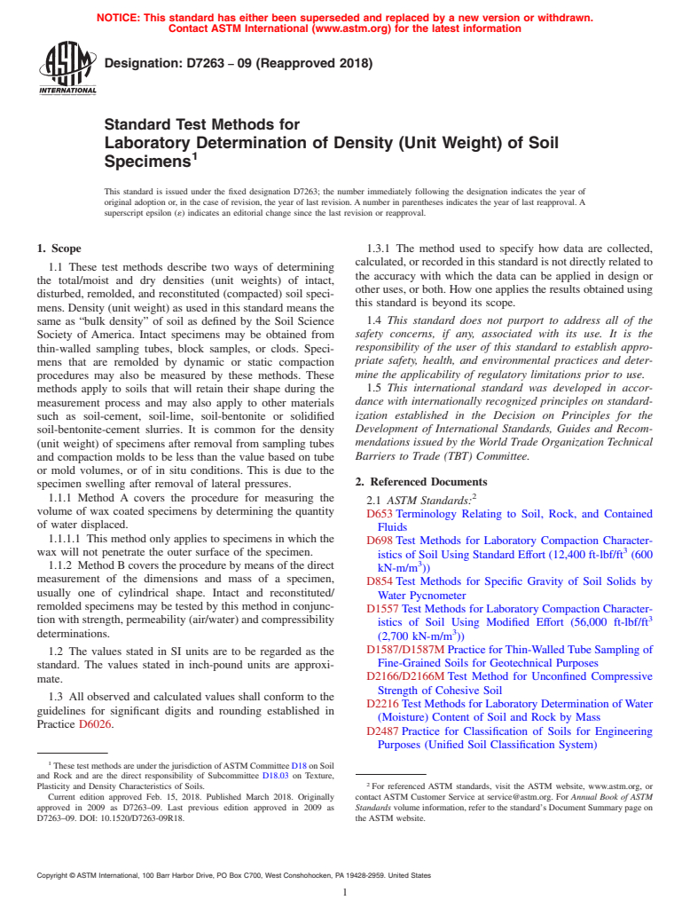 ASTM D7263-09(2018) - Standard Test Methods for Laboratory Determination of Density (Unit Weight) of Soil Specimens