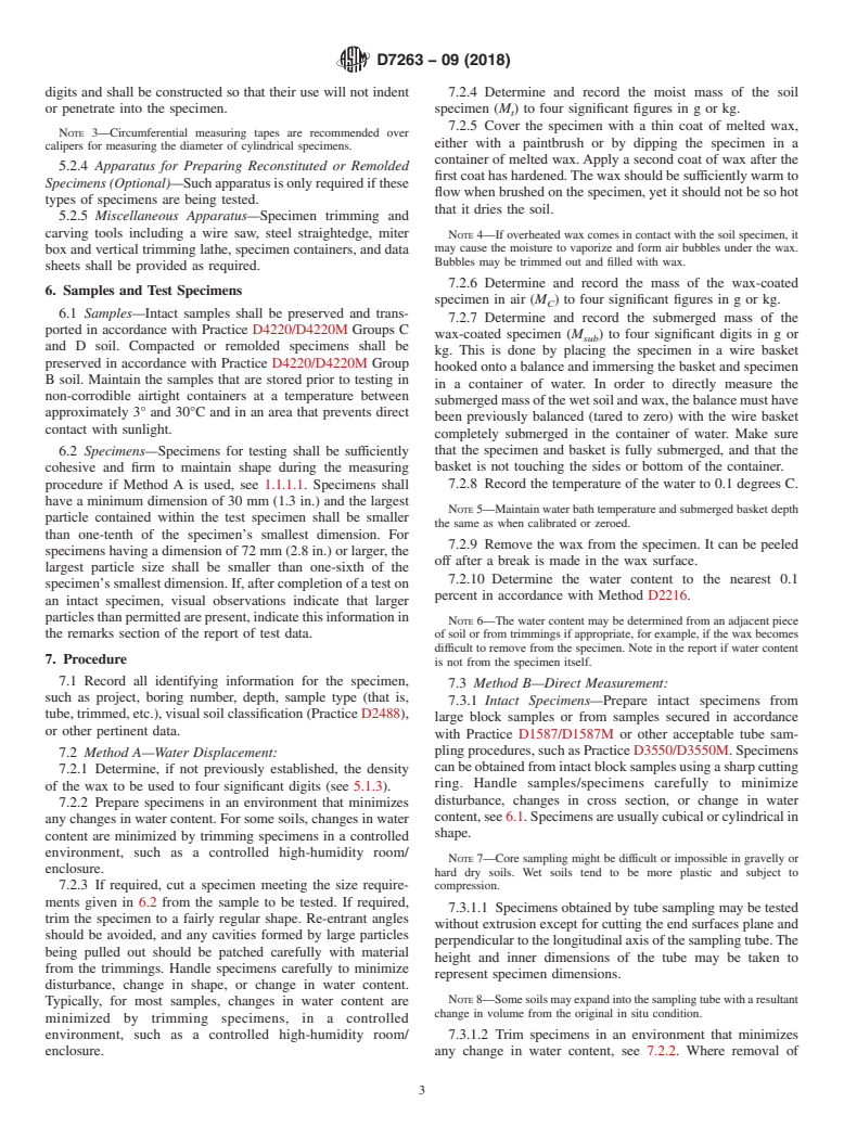 ASTM D7263-09(2018) - Standard Test Methods for Laboratory Determination of Density (Unit Weight) of Soil Specimens