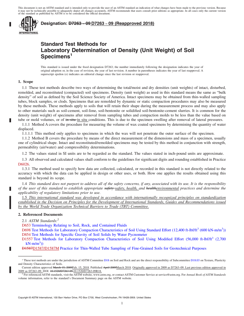 REDLINE ASTM D7263-09(2018) - Standard Test Methods for Laboratory Determination of Density (Unit Weight) of Soil Specimens