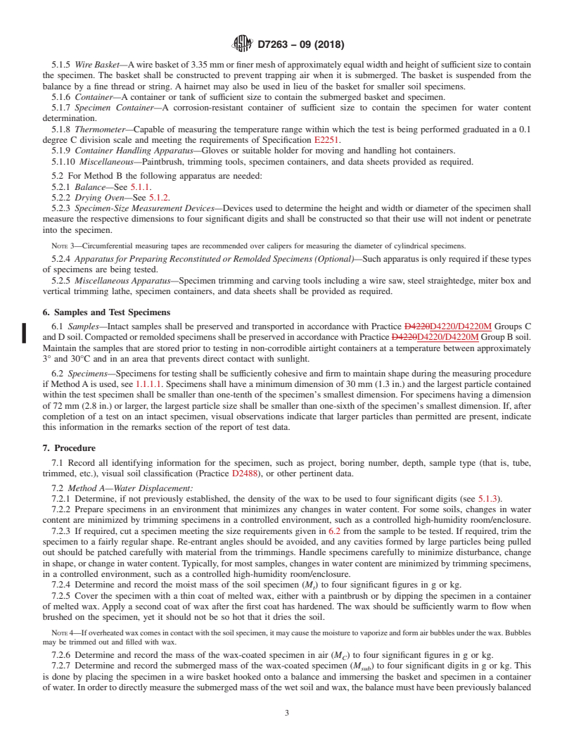 REDLINE ASTM D7263-09(2018) - Standard Test Methods for Laboratory Determination of Density (Unit Weight) of Soil Specimens