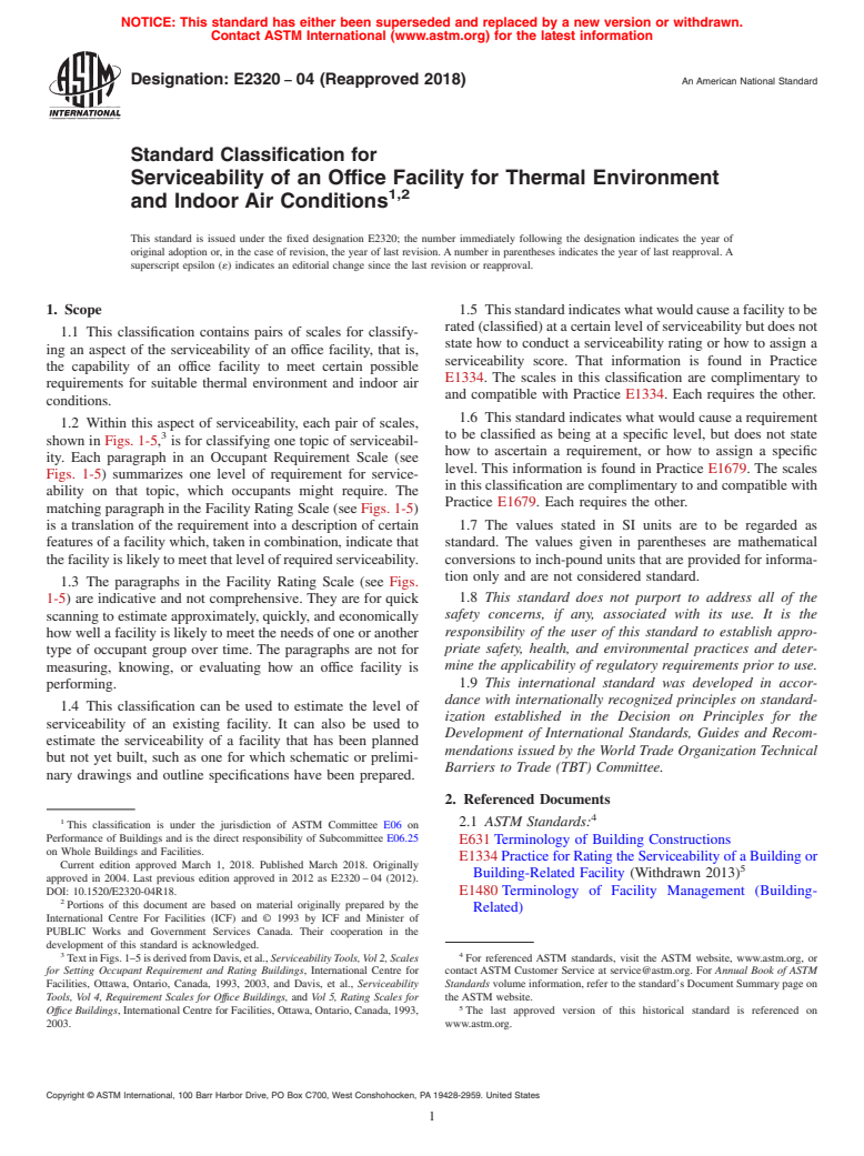 ASTM E2320-04(2018) - Standard Classification for Serviceability of an Office Facility for Thermal Environment  and Indoor Air Conditions