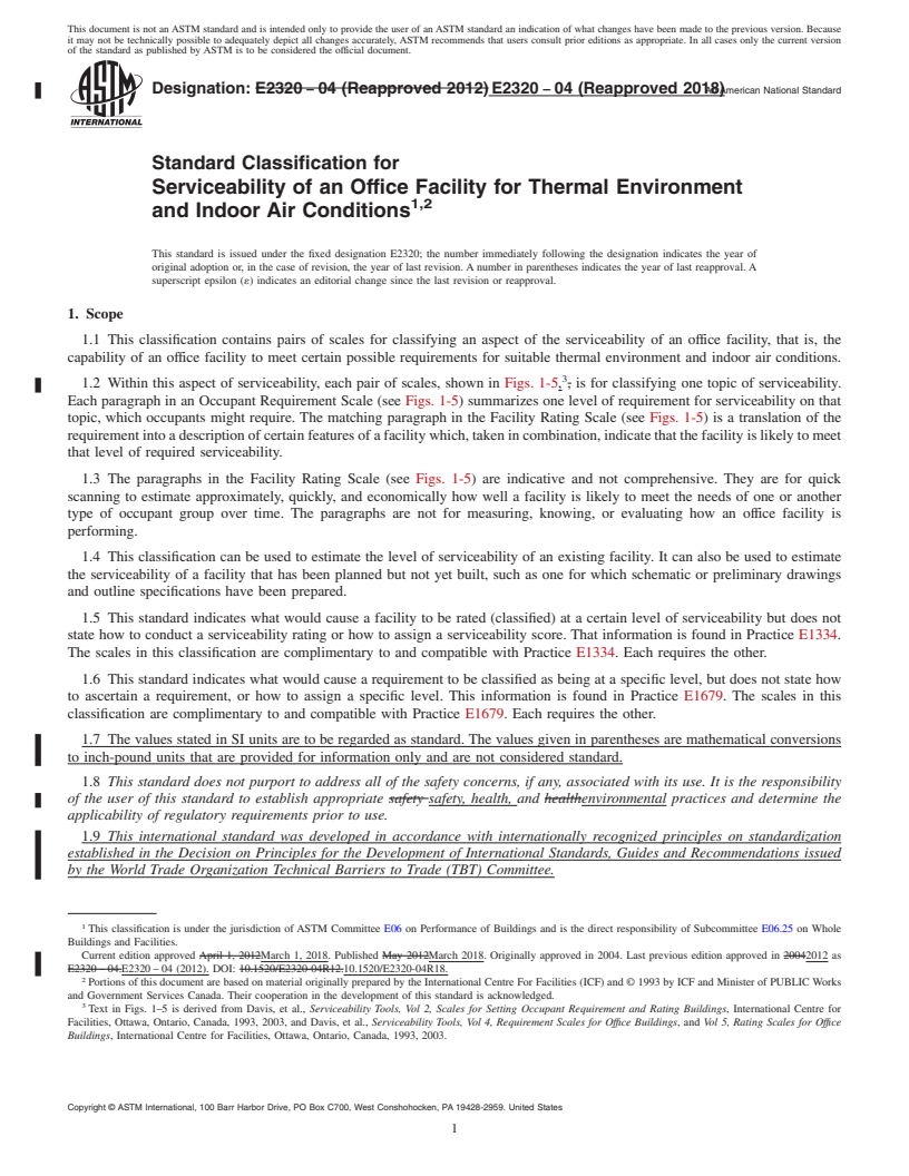 REDLINE ASTM E2320-04(2018) - Standard Classification for Serviceability of an Office Facility for Thermal Environment  and Indoor Air Conditions