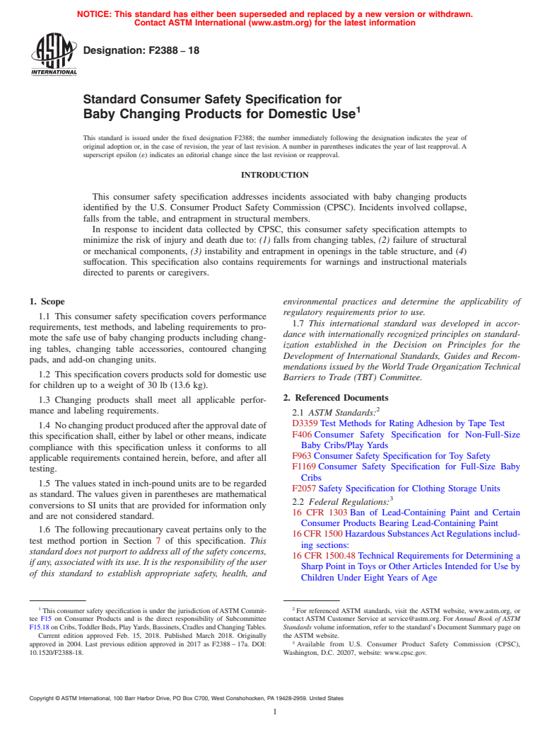 ASTM F2388-18 - Standard Consumer Safety Specification for Baby Changing Products for Domestic Use